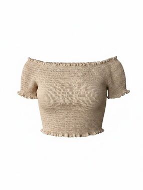 OAK + FORT Beige Smocked Off-Shoulder Ruffle Crop Top